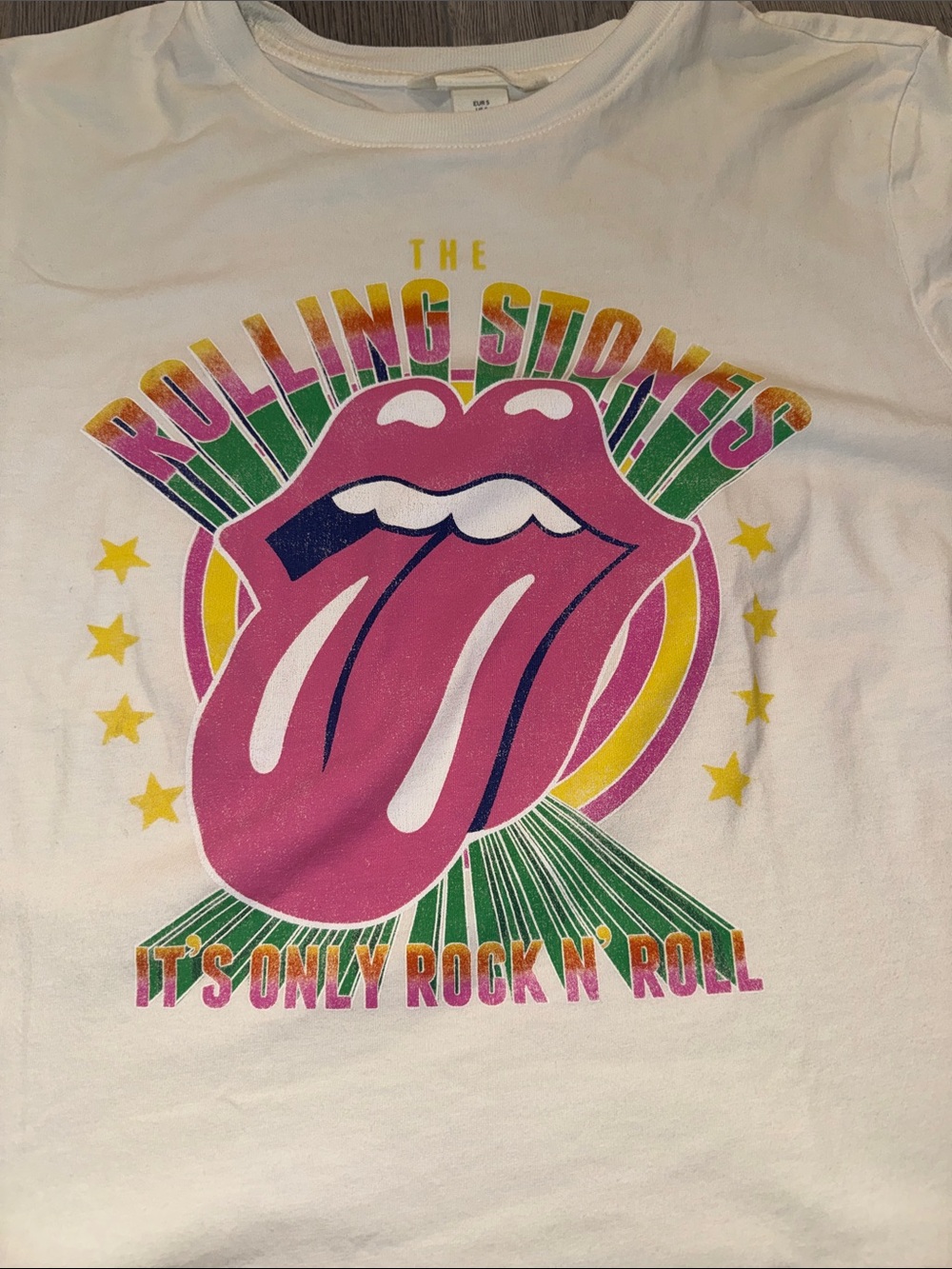 the Rolling Stones White Tee with Pink Tongue and Rainbow Accents